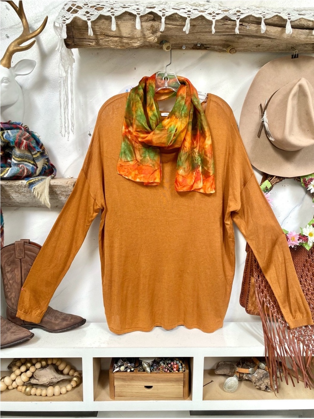 Fall rustic Copper knit boho sweater shabby chic cottagecore prairie vibe - Picture 9 of 11